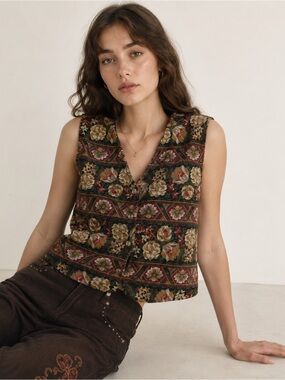 VTG Liz Sport Women Floral Corduroy Button Vest US14 Cottagecore Boho Country